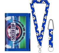 sundee Portafoglio da calcio per bambini da 3 a 18 anni, portafoglio in tela a tre ante con cordino da collo/polso, porta carte e tasca per monete, Blu E, S, Contemporaneo