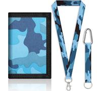 SUNDEE Portafoglio per bambini con cordino da collo per ragazzi e ragazze, portafogli tripla con portachiavi e portamonete con cerniera per regali, originale portafogli (blu mimetico), 15-blu