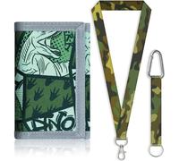 SUNDEE Portafoglio per bambini con cordino da collo per ragazzi e ragazze, portafogli tripla con portachiavi e portamonete con cerniera per regali, portafogli originale (verde dinosauro), 13-verde