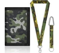 SUNDEE Portafoglio per bambini con cordino da collo per ragazzi e ragazze, portafogli tripla con portachiavi e portamonete con cerniera per regali, originale (verde mimetico), 14-verde mimetico, 12 x