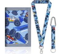 SUNDEE Portafoglio per bambini con cordino da collo per ragazzi e ragazze, portafogli tripla con portachiavi e portamonete con chiusura lampo per regali, portafogli originale (auto blu), 6 auto blu,