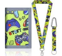 SUNDEE Portafoglio per bambini con cordino da collo per ragazzi e ragazze, portafogli tripla pieghettati con portachiavi e portamonete con cerniera per regali, portafoglio originale (gioco verde), 4