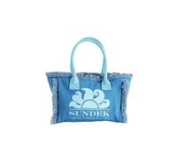 SUNDEK Borsa da Spiaggia Miami, Blu, 100% Cotone, 39x22x13 cm, Effetto Stone Washed, Frange Decorative, Donna