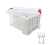 SUNDIS Champ Store, scatola portaoggetti bicchieri, con coperchio a clip | Capacità 12 bicchieri, altezza mas. di 8 cm, in plastica trasparente, rinforzata, pareti diritte, impilabili e combinabili