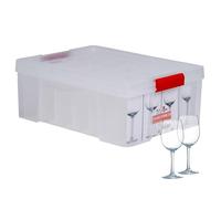 Sundis Glass Store, scatola portaoggetti bicchieri, in plastica trasparente, rinforzata con coperchio a clip, pareti diritte, impilabili e combinabili, capacità 24 bicchieri