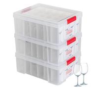 SUNDIS Glass Store, set di 3 scatole portaoggetti bicchieri, in plastica trasparente, rinforzata con coperchio a clip, pareti diritte, impilabili e combinabili, capacità 24 bicchieri