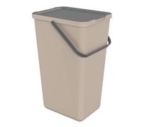 SUNDIS Loops, pattumiera per la raccolta differenziata 32L, rettangolare, in plastica riciclata tortora, con coperchio, maniglia, manico ed etichette adesive, per cucina, mensa, ristorante, sala pausa