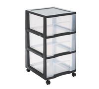 SUNDIS Tag Tower XL, cassettiera plastica, 3 cassetti A4 trasparenti, nera, con ruote, altezza 64,5 cm, ideale per ufficio, corsi, documenti, forniture, accessori