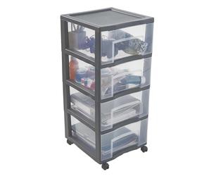 SUNDIS Tag Tower XL, cassettiera plastica con ruote, 4 cassetti A4 trasparenti, grigio, altezza 83,5 cm, facile da spostare, ideale per l'archiviazione in ufficio, lezioni, documenti