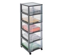 SUNDIS Tag Tower XL, cassettiera plastica con ruote, 5 cassetti A4 trasparenti, grigio, altezza 102,5 cm, facile da spostare, ideale per l'archiviazione in ufficio, lezioni, documenti