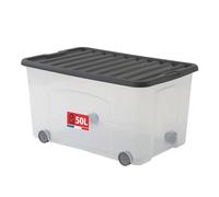 SUNDIS Ventilo, Scatola portaoggetti, con Coperchio e Ruote, 50l, plastica Trasparente, impilabile, Ideale per camerette, Giocattoli, Ufficio, Lavanderia - Grigio