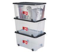 SUNDIS Ventilo, set di 3 scatole portaoggetti, con coperchio e ruote, 50l, plastica trasparente, impilabile, ideale per camerette, giocattoli, ufficio, lavanderia - nero