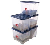 SUNDIS Wave Box, set di 5 scatole portaoggetti 60l, con coperchio a clip, plastica trasparente, impilabile, ideale per riporre la camera da letto, i giocattoli, l'ufficio, la soffitta o il garage