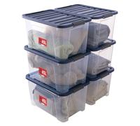 SUNDIS Wave Box, set di 6 scatole portaoggetti 45l, con coperchio a clip, plastica trasparente, impilabile, ideale per riporre la camera da letto, i giocattoli, l'ufficio, la soffitta o il garage