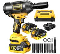 SundpeyPRO Avvitatore a Impulsi 1500Nm, 21V Avvitatori a Massa Battente Brushless con 2 Batterie da 4000mAh, 1/2 Avvitatore ad Impulsi 2800 RPM con 6 Bussole e Barra di Prolunga per Auto Casa Giallo