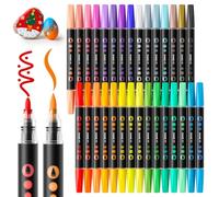 SUNEE Pennarelli acrilici in 30 colori a doppia punta, punta a pennello e punta a proiettile, per pittura su roccia, aula scolastica, tela, legno, vetro, ceramica, tessuto, kit di forniture per