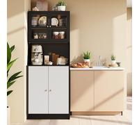 SUNFECILI Armadio da cucina 180 cm con 4 ante e 5 livelli, cucina a buffet con ante in vetro, armadio da cucina con LED, contenitore con piano di lavoro, credenza indipendente (nero)