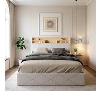 SUNFECILI Letto imbottito 140 x 200 cm, con vano portaoggetti, letto matrimoniale con LED e USB, letto ad aria compressa con testiera con portaoggetti, letto con rete a doghe, letto funzionale, in