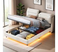 SUNFECILI Letto matrimoniale 140 x 200 cm con illuminazione a LED, letto con vano portaoggetti, letto imbottito con testiera regolabile in altezza, letto con robusta rete a doghe, schienale in legno e