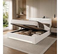 SUNFECILI Letto matrimoniale 140 x 200 cm, letto ad aria compressa con LED e USB, letto imbottito, con testiera e rete a doghe, telaio per camera da letto, lino, beige, senza materasso