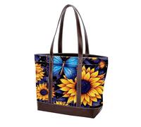 Sunflower Blue Butterfly-650 Fashion Washed Durable Leather Purse Bag per le donne borsa a tracolla con manico superiore borse a tracolla con tasche con cerniera, multicolore, 33,8 x 12 x 31 cm/13,3 x