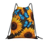 Sunflower Blue Butterfly Sacca con Cordoncino Pieghevole Gym Sack Stringa Borsa Coulisse per Vita Quotidiana Vacanze All'Aperto 36X42Cm