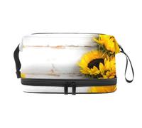 Sunflower onWhite Rustic Wood Board Double Layer Cosmetic Bag per donne e ragazze, borsa da viaggio per trucchi pratica borsa organizer con scomparto per pennelli, Multi, 27x15x14 cm/10.6x5.9x5.5 in,