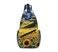 Sunflower Over The Mountains And Field Print Borsa a tracolla casual da uomo con design multi-tasca - Borsa frontale leggera e spaziosa per viaggi, lavoro e uso quotidiano, Nero , Taglia unica