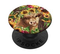 Sunflower Pattern On Wooden Background Scottish Highland Cow PopSockets PopGrip Adesivo