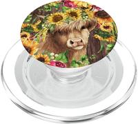 Sunflower Pattern On Wooden Background Scottish Highland Cow PopSockets PopGrip per MagSafe