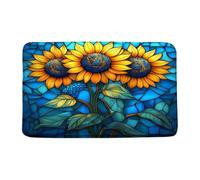 Sunflower Stained Glass Art Rustic Spring Yellow Flower Green Leaves Nature Plant Western Abstract Blue Geometric Tappeto Da Bagno Trappola Sporco Zerbino Asciugapassi Tappeti Da Bagno 40X60Cm