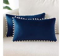 Sung onfezione da 2 federe decorative in morbido velluto con pompon con cerniera invisibile, decorazione per la casa, divano, camera da letto, soggiorno, 40 x 60 cm, blu reale