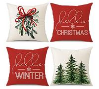 Sungeek Set di 4 Federe per Cuscino Natale Federe Cuscini per Divano Decorativi in Lino Fodere per Cuscini di Natalizi Copricuscini Divano per Decorazioni Natalizie (40x40cm, Red Hello Christmas)