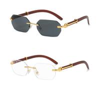 Sunglasses,Vintage Rectangle Sunglasses,Irregular Small Square Wood Frame Shades Gold Polygonal UV400 Rimless, Nero / Bianco