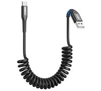 SUNGUY Cavo a Spirale USB C, 1Pezzi 2M [Lunghezza comoda: 0.6-1.5M] USB a USB-C e Cavo Dati per Android Auto, CarPlay, iPhone Serie 17/16/15, Galaxy S24 Ultra S23 FE, Google Pixel, Xiaomi - Nero