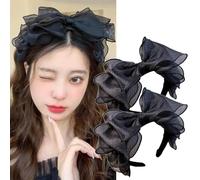 Sunjiyan 2 cerchietti per capelli in rete nera retrò con grande fiocco, per donne e ragazze, stile francese, accessori per uso quotidiano