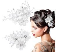 Sunjiyan 2 fermagli per capelli da sposa con perle, fiore bianco, strass conchiglia, accessori per capelli da sposa, per donne e ragazze