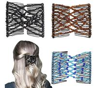 Sunjiyan 3 fermagli elastici per capelli, a doppio pettine, forcine elastiche per capelli per donne e ragazze, stile vintage, multiuso, accessori per capelli (stile perline, blu, marrone, nero)