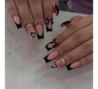 Sunjiyan Finti unghie da bara nere finte unghie a punta francese cinghia 3D fiocco Ornaments Design Nail Adhesive Heart Acrylic Nail Rhinestone Full Coverage Adhesive Nails For Women 24 pezzi