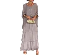 Sunlighty Abito ampio in stile artistico, da donna, casual, svasato, con scollo rotondo, maniche a pipistrello, maxi abito da vacanza, grigio, XL