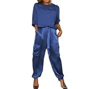 Sunlighty Set top e pantaloni a mezza manica in raso liscio, da donna, estivo, casual, in raso, 2 pezzi, jogger a maniche corte (blu, S), Blu