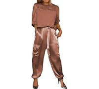 Sunlighty Set top e pantaloni a mezza manica in raso liscio, da donna, estivo, casual, in raso, 2 pezzi, tuta da jogging a maniche corte, Marrone, S