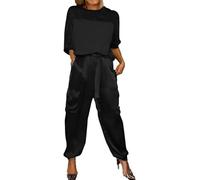 Sunlighty Set top e pantaloni a mezza manica in raso liscio, da donna, estivo, casual, in raso, 2 pezzi, tuta da jogging a maniche corte, Nero , M