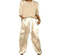 Sunlighty Set top e pantaloni a mezza manica in raso liscio, da donna, estivo, casual, in raso, 2 pezzi, tuta da jogging a maniche corte, Albicocca, M