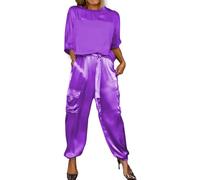 Sunlighty Set top e pantaloni a mezza manica in raso liscio, da donna, estivo, casual, in raso, 2 pezzi, tuta da jogging a maniche corte, Viola, XL