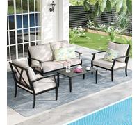 SunloungeCo Set di 4 mobili da patio, divano da esterno più ampio in metallo con schienale alto e tavolino da caffè, set di conversazioni in metallo per tutte le stagioni, per cortile, bordo piscina