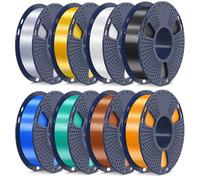 SUNLU Silk PLA Plus Filamento Bundle, Filamento Silk PLUS Multicolore per Stampante 3D, Finitura Liscia e Setosa, Bobine da 0,25kg, 2kg in Totale, Nero+Bianco+Oro Chiaro+Argento+Ottone+Rame+Blu+Verde