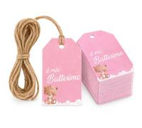SUNLUX Etichette Bomboniera Battesimo Bambina Rosa 4x7cm 144 Pezzi | Biglietti con Cordoncino in Juta