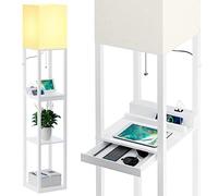 SUNMORY Lampada da Terra a Mensola con 3 Temperature di Colore, 2 Porte di Ricarica USB e 1 Cassetto, Lampade da Terra in Legno Massello per Camera Da Letto e Soggiorno,Bianca(Lampadina Inclusa)