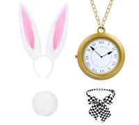 SUNNEE 4 accessori per costume da coniglio bianco, set per costume da coniglietto con orecchie, fascia e coda orologio papillon per Halloween